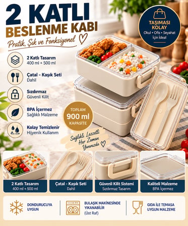 2 Katlı Bölmeli Sefer Tası / Beslenme Kabı (900ml) - Kaşık Çatal Setli, Sızdırmaz ve BPA İçermez