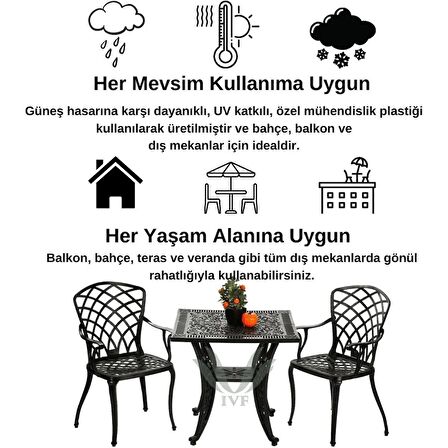 Ceritti Ferforje Görünümlü Masa ve Sandalye, Bahçe, Balkon ve Dış Mekanda Kullanılabilir, 2 Yıl Garantili, 150 kg Taşıma Kapasiteli, Plastik Kare Masa ve Sandalye Takımı