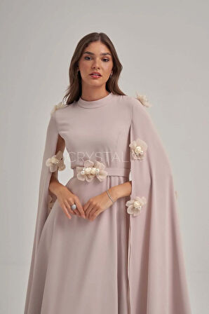 İnci ve Taş İşlemeli Çiçek Detaylı Krep Elbise