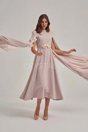 İnci ve Taş İşlemeli Çiçek Detaylı Krep Elbise