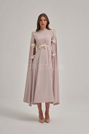 İnci ve Taş İşlemeli Çiçek Detaylı Krep Elbise