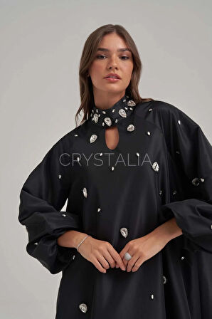 Tafta Özel Tasarım Taşlı Siyah Elbise