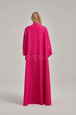 Tafta Özel Tasarım Taşlı Fuşya Elbise