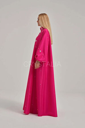 Tafta Özel Tasarım Taşlı Fuşya Elbise