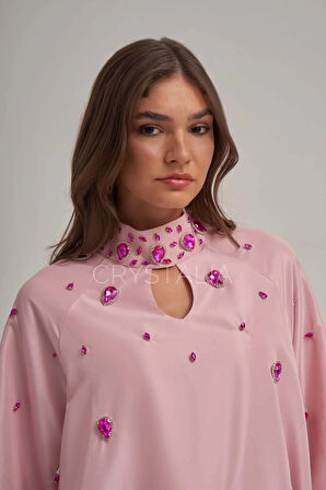 Tafta Özel Tasarım Taşlı Pembe Elbise