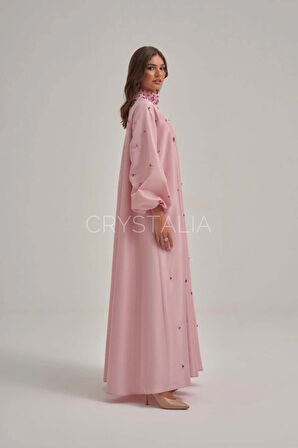 Tafta Özel Tasarım Taşlı Pembe Elbise