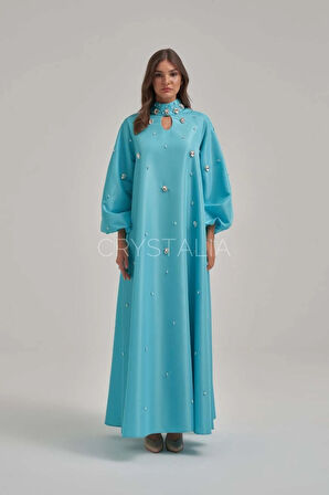 Tafta Özel Tasarım Taşlı Mavi Elbise