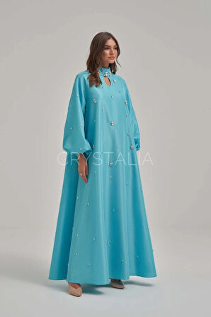 Tafta Özel Tasarım Taşlı Mavi Elbise