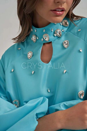 Tafta Özel Tasarım Taşlı Mavi Elbise