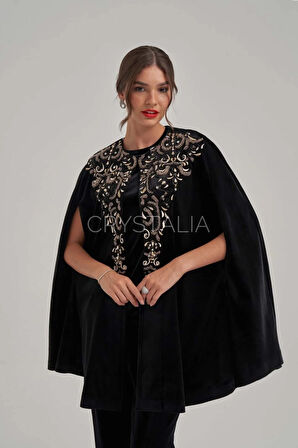 Pelerinli Taş Nakış İşlemeli Siyah Kadife Takım