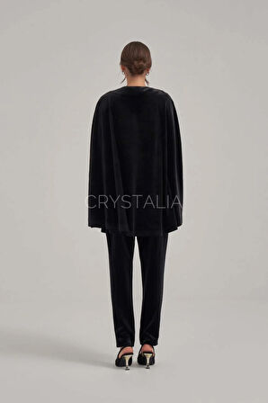 Pelerinli Taş Nakış İşlemeli Siyah Kadife Takım