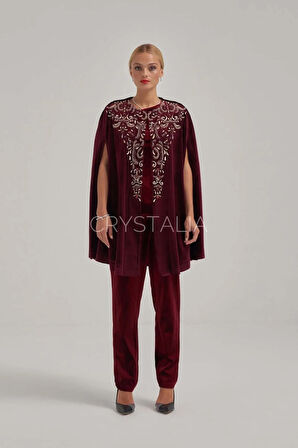 Pelerinli Taş Nakış İşlemeli Bordo Kadife Takım