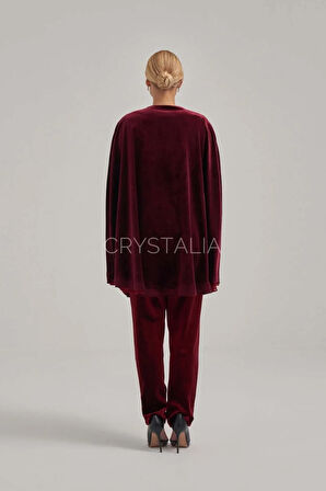 Pelerinli Taş Nakış İşlemeli Bordo Kadife Takım