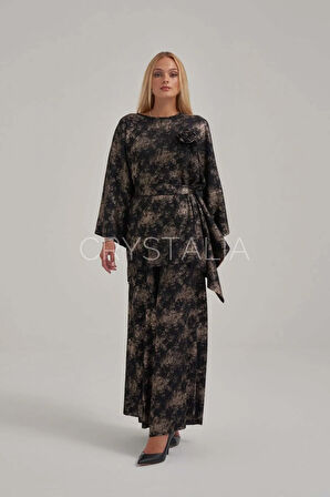 Gold Desenli Belden Kuşaklı Siyah Takım