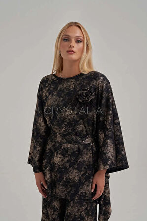 Gold Desenli Belden Kuşaklı Siyah Takım