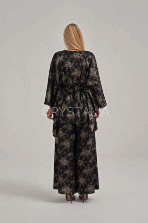 Gold Desenli Belden Kuşaklı Siyah Takım