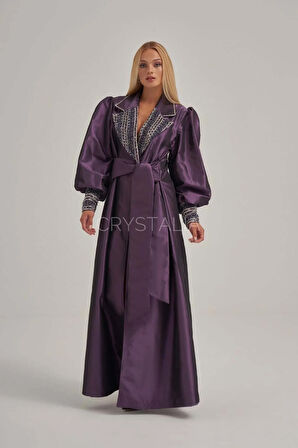 İşlemeli Belden Bağlamalı Mor Uzun Ceket