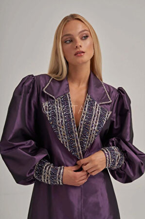 İşlemeli Belden Bağlamalı Mor Uzun Ceket