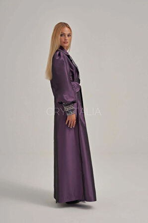 İşlemeli Belden Bağlamalı Mor Uzun Ceket