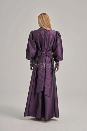 İşlemeli Belden Bağlamalı Mor Uzun Ceket