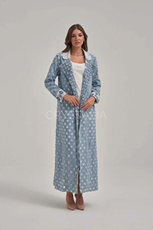 Desenli Kot İşlemeli Uzun Ceket