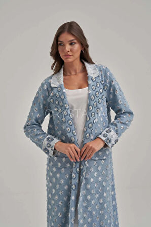 Desenli Kot İşlemeli Uzun Ceket