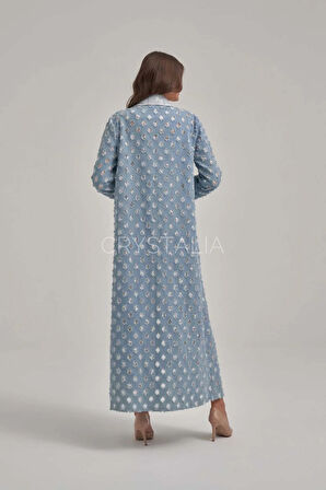 Desenli Kot İşlemeli Uzun Ceket