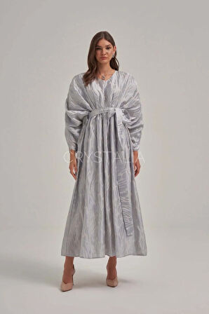 Desenli Püskül Detaylı Belden Bağlamalı Elbise