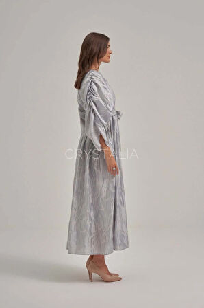 Desenli Püskül Detaylı Belden Bağlamalı Elbise