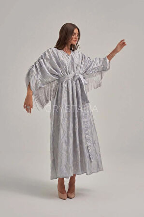 Desenli Püskül Detaylı Belden Bağlamalı Elbise