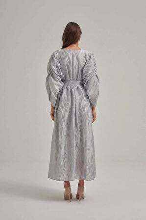 Desenli Püskül Detaylı Belden Bağlamalı Elbise