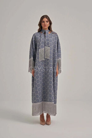 Desenli Kot Püskül Detaylı Elbise