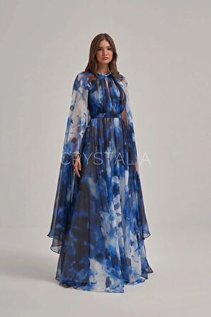 Desenli Mavi Yaka Taş İşlemeli Pelerin Elbise