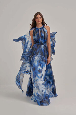 Desenli Mavi Yaka Taş İşlemeli Pelerin Elbise