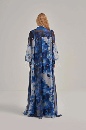 Desenli Mavi Yakadan Bağlamalı Elbise