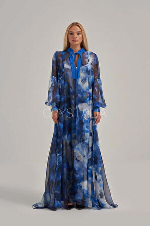 Desenli Mavi Yakadan Bağlamalı Elbise