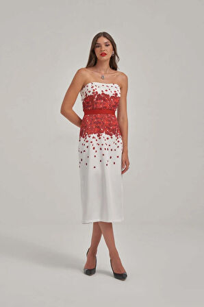 Straplez Desenli Kumaş Midi Elbise