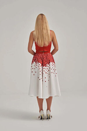 Askılı Saten Kısa Üst Desenli Balon Etek Takım