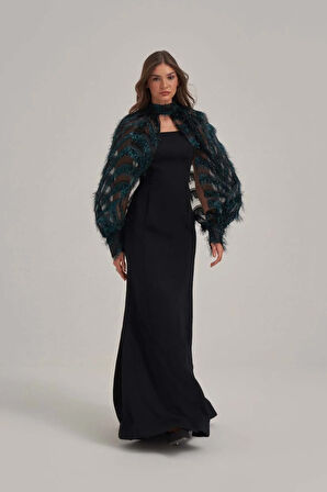 Halter Yaka Otriş Desenli Çıkarılabilir Üst Detaylı Askılı Uzun Elbise