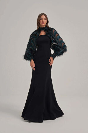 Halter Yaka Otriş Desenli Çıkarılabilir Üst Detaylı Askılı Uzun Elbise