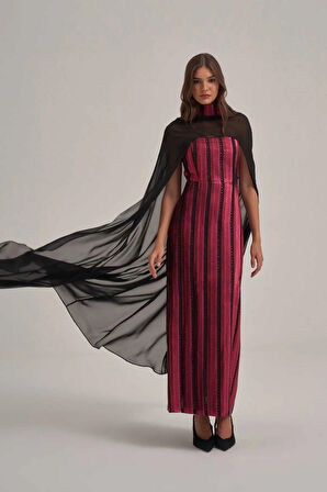 Straplez Şifon Şallı Desenli Parlak Jakar Kumaş Uzun Elbise