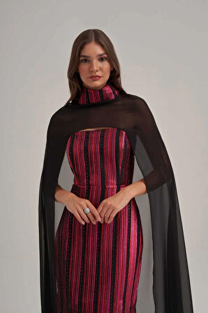 Straplez Şifon Şallı Desenli Parlak Jakar Kumaş Uzun Elbise