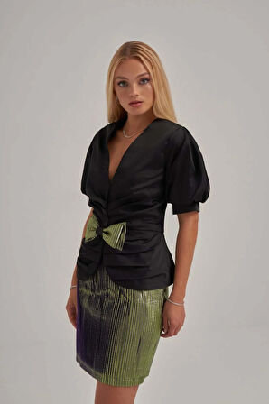 Saten Belden Büzgülü Ceket Şerit Desenli Jakar Kumaş Etek