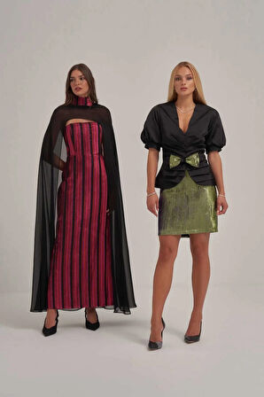 Saten Belden Büzgülü Ceket Şerit Desenli Jakar Kumaş Etek