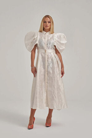 Desenli Özel Kumaş Balon Ve Vatka Görünümlü Midi Elbise