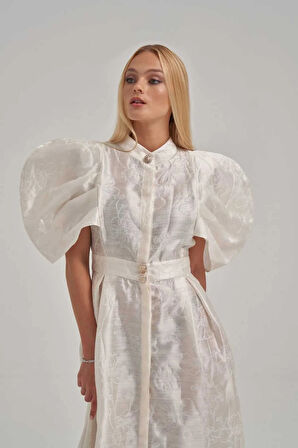 Desenli Özel Kumaş Balon Ve Vatka Görünümlü Midi Elbise