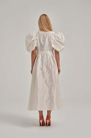 Desenli Özel Kumaş Balon Ve Vatka Görünümlü Midi Elbise