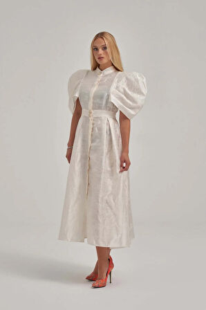 Desenli Özel Kumaş Balon Ve Vatka Görünümlü Midi Elbise