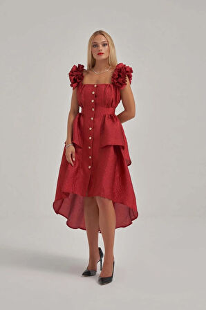 Askısı Büzgü Detaylı Gold Düğmeli Katlı Elbise