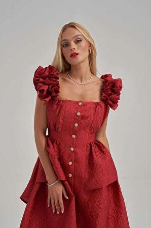 Askısı Büzgü Detaylı Gold Düğmeli Katlı Elbise